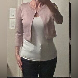 Grace Karin Cropped 3/4 Sleeve Cardigan with Hook-and-Eye Closure in Dusty Pink